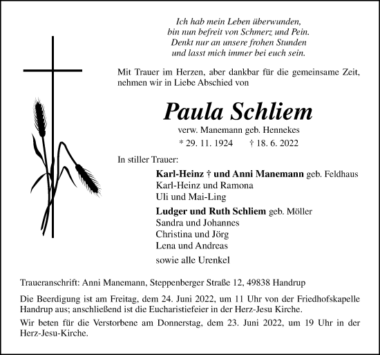 Traueranzeige von Paula Schliem von Neue Osnabrücker Zeitung GmbH & Co. KG