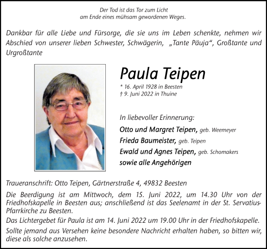 Traueranzeige von Paula Teipen von Neue Osnabrücker Zeitung GmbH & Co. KG
