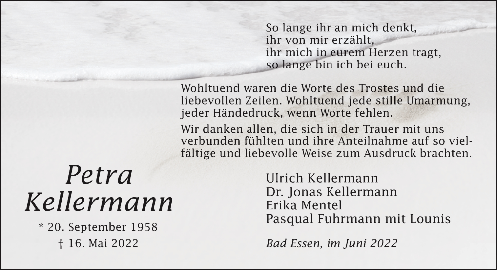  Traueranzeige für Petra Kellermann vom 25.06.2022 aus Neue Osnabrücker Zeitung GmbH & Co. KG