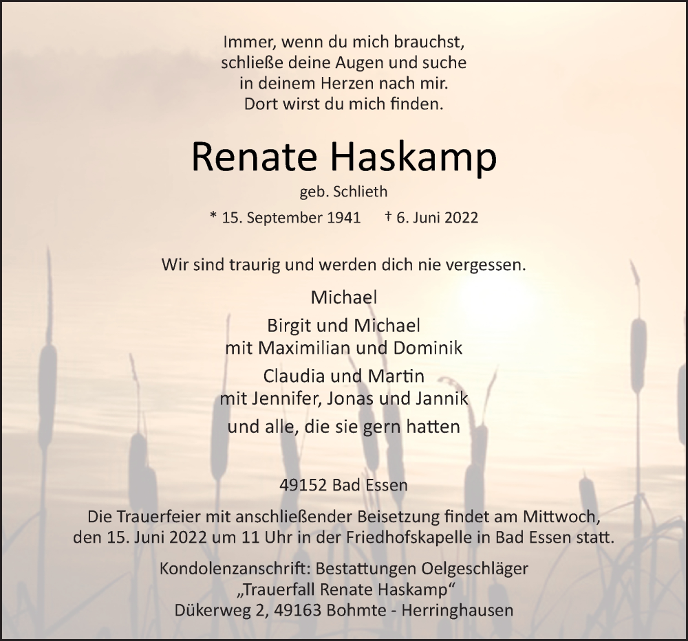  Traueranzeige für Renate Haskamp vom 11.06.2022 aus Neue Osnabrücker Zeitung GmbH & Co. KG