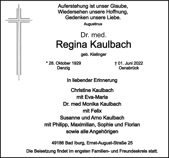 Traueranzeige von RRegina Kaulbach von Neue Osnabrücker Zeitung GmbH & Co. KG