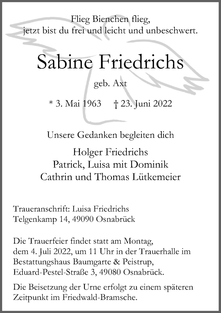  Traueranzeige für Sabine (Bienchen) Friedrichs vom 29.06.2022 aus Neue Osnabrücker Zeitung GmbH & Co. KG