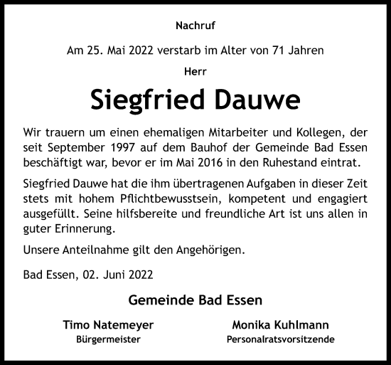 Traueranzeige von Siegfried Dauwe von Neue Osnabrücker Zeitung GmbH & Co. KG