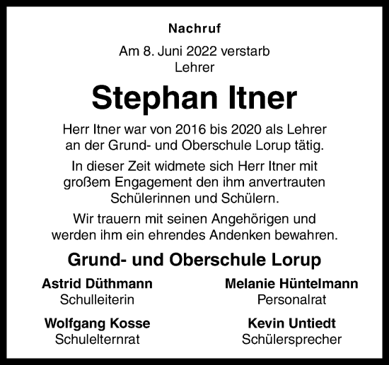 Traueranzeige von Stephan Itner von Neue Osnabrücker Zeitung GmbH & Co. KG