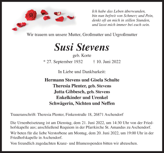 Traueranzeige von Susi Stevens von Neue Osnabrücker Zeitung GmbH & Co. KG