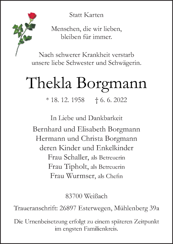 Traueranzeige von Thekla Borgmann von Neue Osnabrücker Zeitung GmbH & Co. KG