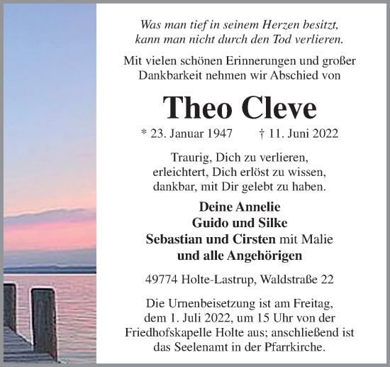 Traueranzeige von Theo Cleve von Neue Osnabrücker Zeitung GmbH & Co. KG