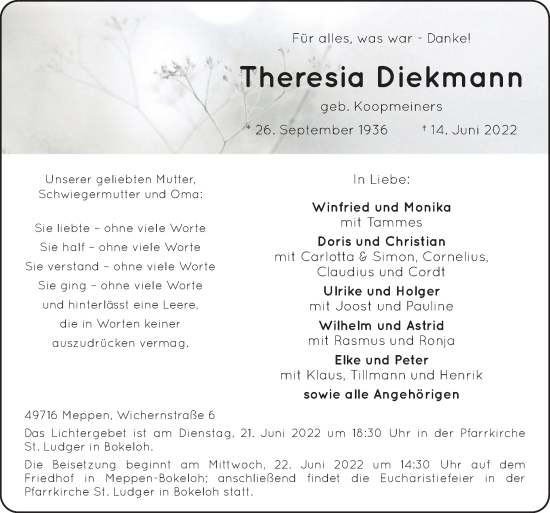 Traueranzeige von Theresia Diekmann von Neue Osnabrücker Zeitung GmbH & Co. KG