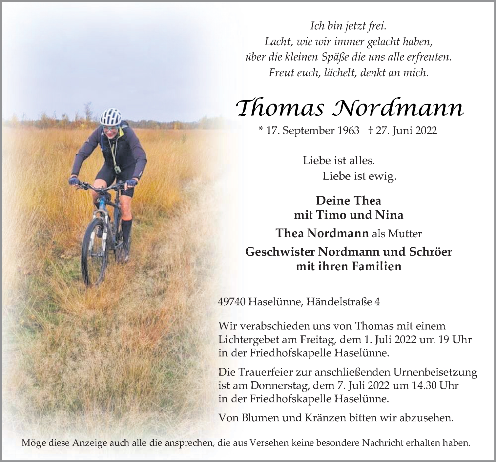  Traueranzeige für Thomas Nordmann vom 30.06.2022 aus Neue Osnabrücker Zeitung GmbH & Co. KG