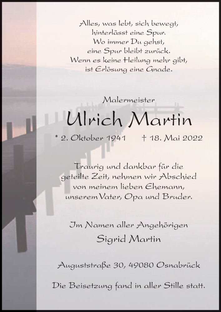  Traueranzeige für Ulrich Martin vom 11.06.2022 aus Neue Osnabrücker Zeitung GmbH & Co. KG