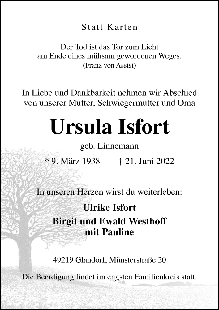  Traueranzeige für Ursula Isfort vom 23.06.2022 aus Neue Osnabrücker Zeitung GmbH & Co. KG