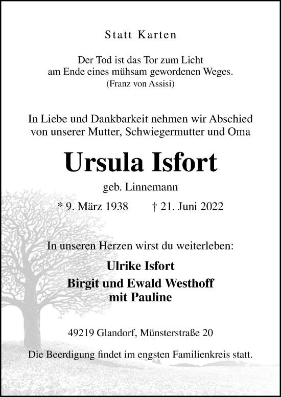 Traueranzeige von Ursula Isfort von Neue Osnabrücker Zeitung GmbH &amp; Co. KG