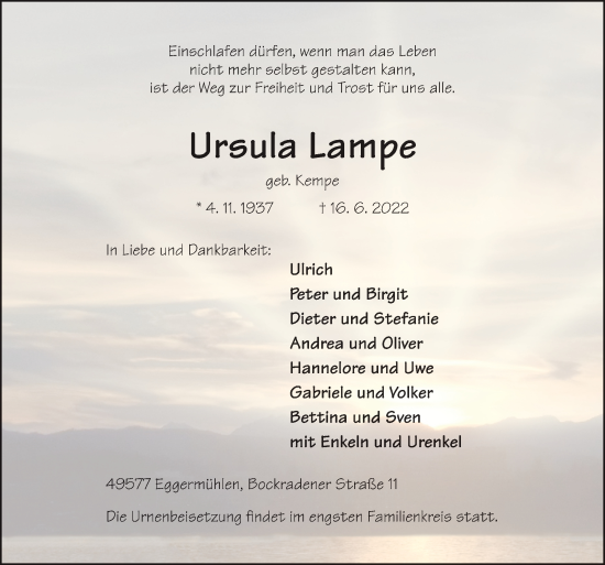 Traueranzeige von Ursula Lampe von Neue Osnabrücker Zeitung GmbH & Co. KG