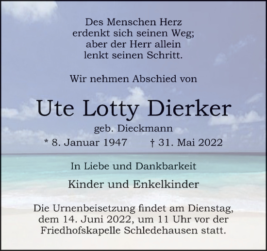 Traueranzeige von Ute Lotty Dierker von Neue Osnabrücker Zeitung GmbH & Co. KG