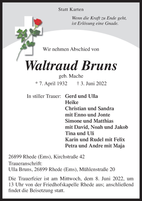 Traueranzeige von Waltraud Bruns von Neue Osnabrücker Zeitung GmbH & Co. KG