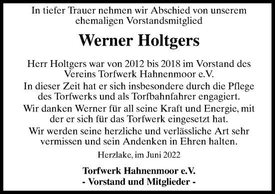 Traueranzeige von Werner Holtgers von Neue Osnabrücker Zeitung GmbH & Co. KG