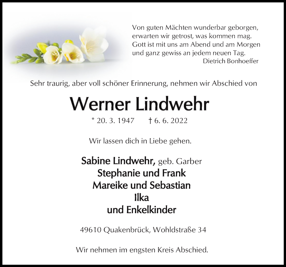  Traueranzeige für Werner Lindwehr vom 09.06.2022 aus Neue Osnabrücker Zeitung GmbH & Co. KG