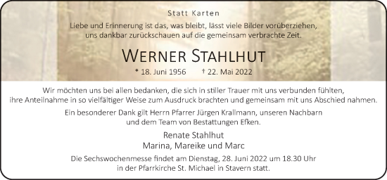 Traueranzeige von Werner Stahlhut von Neue Osnabrücker Zeitung GmbH & Co. KG