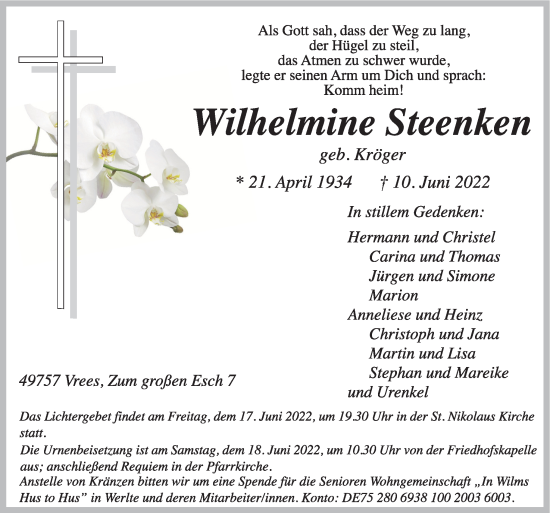 Traueranzeige von Wilhelmine Steenken von Neue Osnabrücker Zeitung GmbH & Co. KG