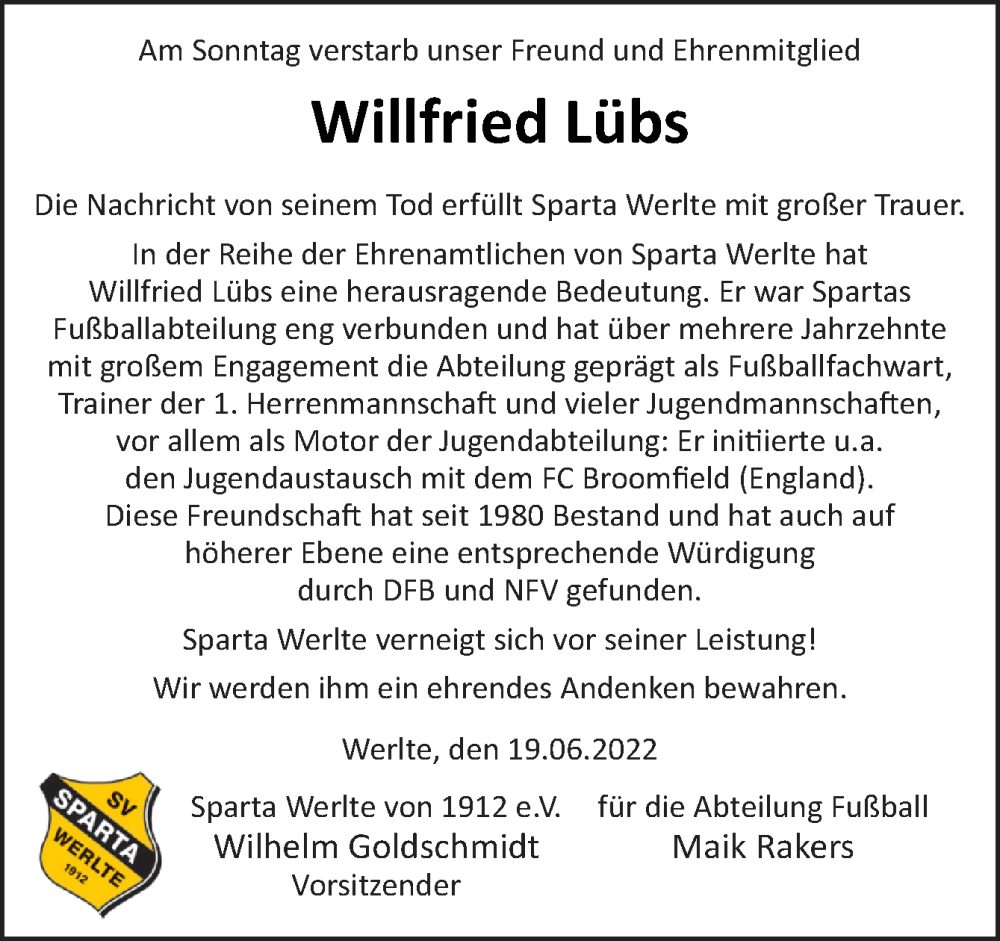  Traueranzeige für Willfried Lübs vom 23.06.2022 aus Neue Osnabrücker Zeitung GmbH & Co. KG