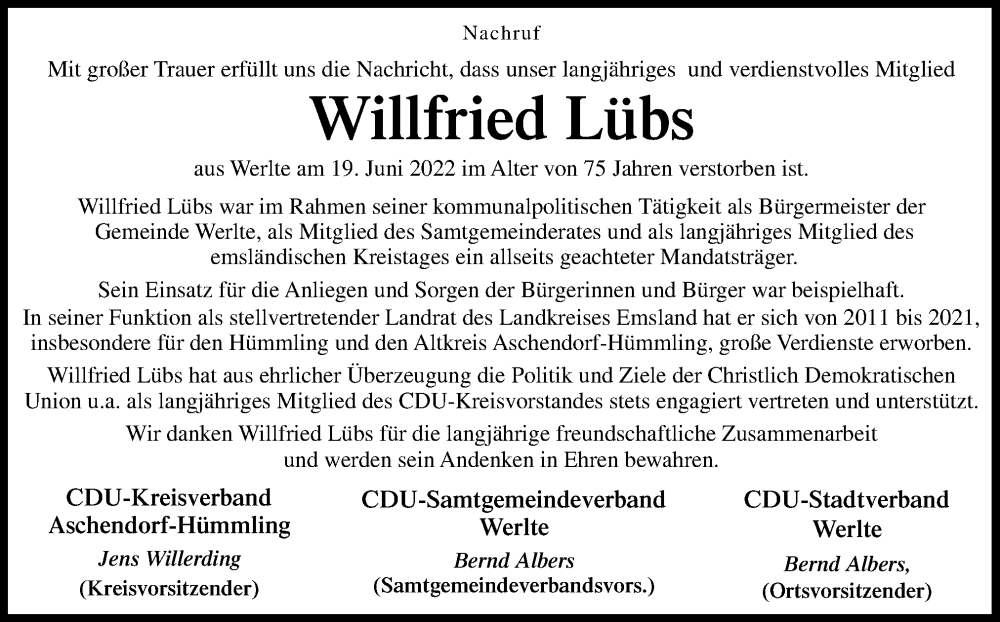  Traueranzeige für Willfried Lübs vom 23.06.2022 aus Neue Osnabrücker Zeitung GmbH & Co. KG