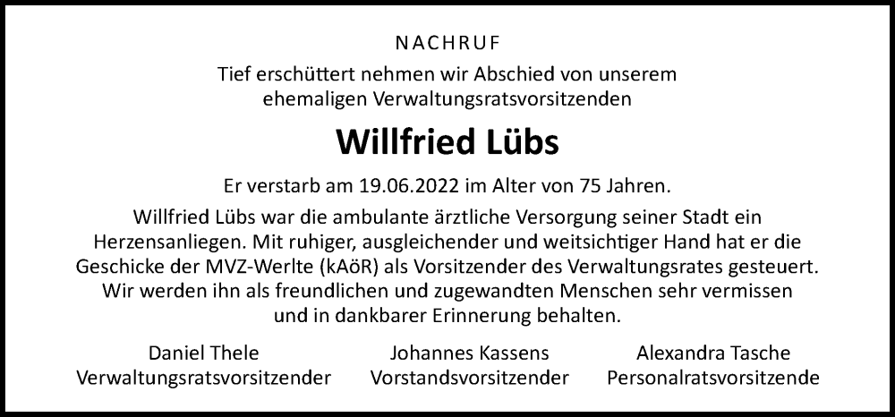  Traueranzeige für Willfried Lübs vom 23.06.2022 aus Neue Osnabrücker Zeitung GmbH & Co. KG