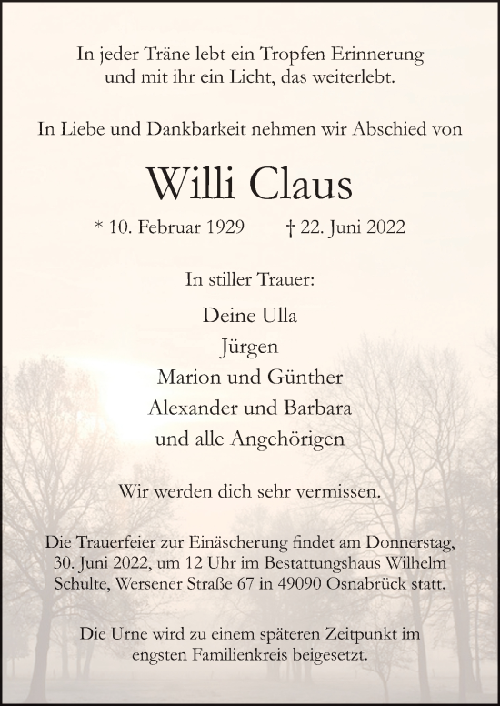 Traueranzeige von Willi Claus von Neue Osnabrücker Zeitung GmbH &amp; Co. KG