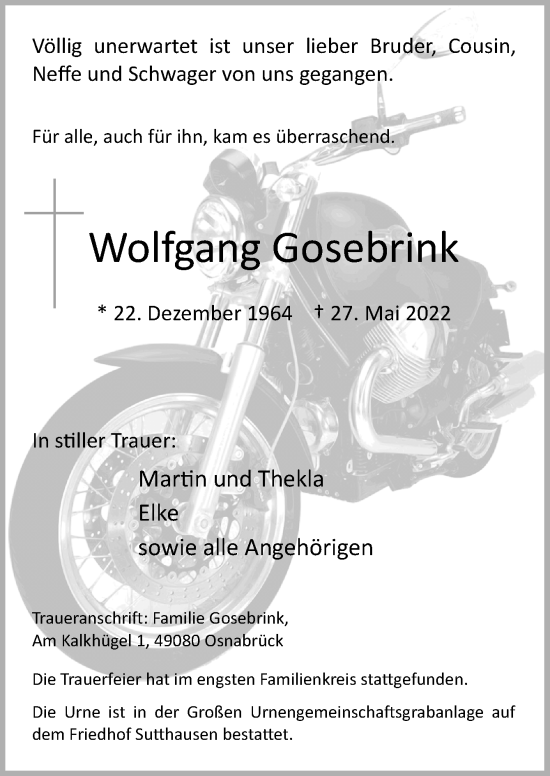 Traueranzeige von Wolfgang Gosebrink von Neue Osnabrücker Zeitung GmbH & Co. KG