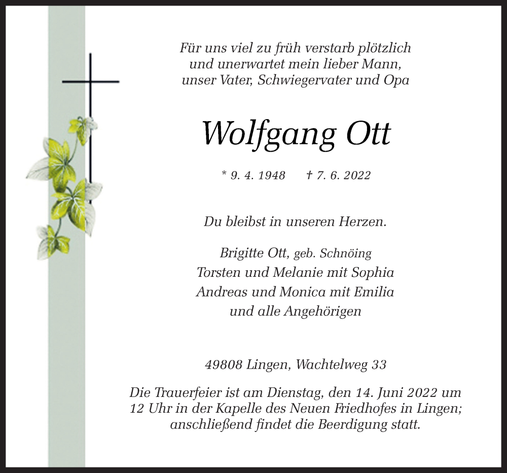  Traueranzeige für Wolfgang Ott vom 10.06.2022 aus Neue Osnabrücker Zeitung GmbH & Co. KG