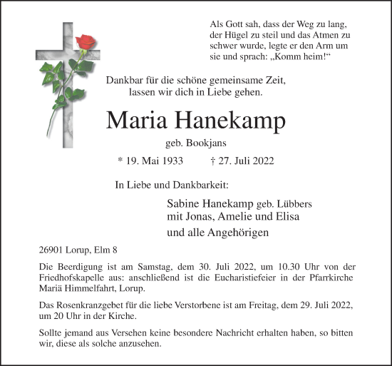 Traueranzeige von Maria Hanekamp von Neue Osnabrücker Zeitung GmbH & Co. KG