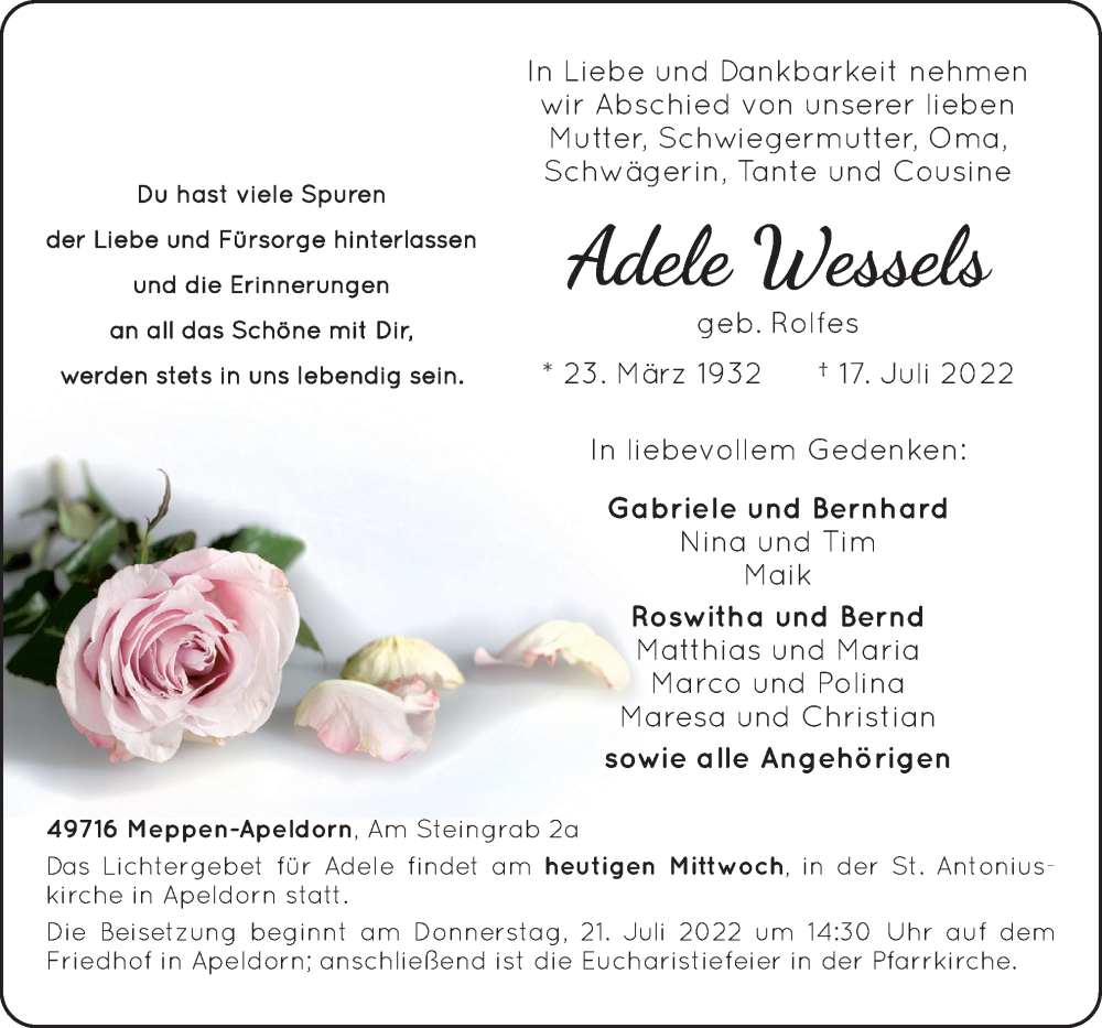  Traueranzeige für Adele Wessels vom 20.07.2022 aus Neue Osnabrücker Zeitung GmbH & Co. KG