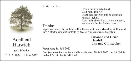 Traueranzeige von Adelheid Harwick von Neue Osnabrücker Zeitung GmbH & Co. KG