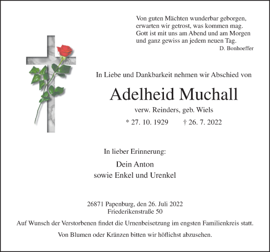 Traueranzeige von Adelheid Muchall von Neue Osnabrücker Zeitung GmbH & Co. KG