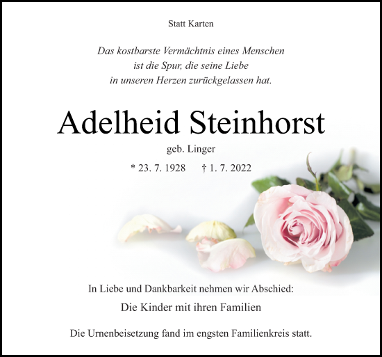 Traueranzeige von Adelheid Steinhorst von Neue Osnabrücker Zeitung GmbH & Co. KG