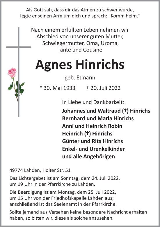 Traueranzeige von Agnes Hinrichs von Neue Osnabrücker Zeitung GmbH & Co. KG