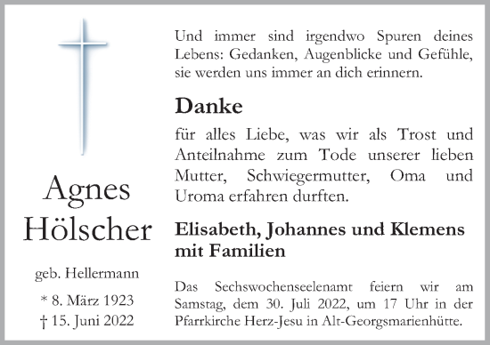 Traueranzeige von Agnes Hölscher von Neue Osnabrücker Zeitung GmbH & Co. KG