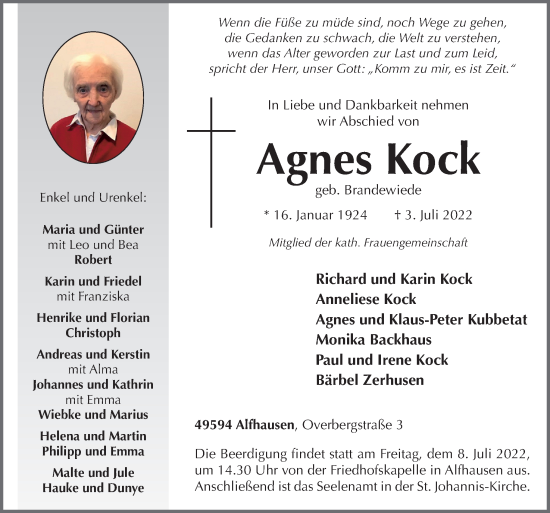 Traueranzeige von Agnes Kock von Neue Osnabrücker Zeitung GmbH & Co. KG