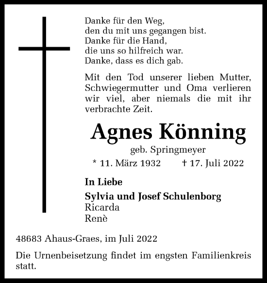 Traueranzeige von Agnes Könning von Neue Osnabrücker Zeitung GmbH & Co. KG