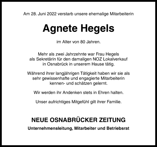 Traueranzeige von Agnete Hegels von Neue Osnabrücker Zeitung GmbH & Co. KG