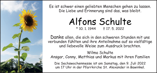 Traueranzeige von Alfons Schulte von Neue Osnabrücker Zeitung GmbH & Co. KG