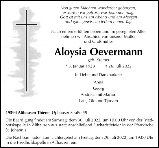 Traueranzeige von Aloysia Oevermann von Neue Osnabrücker Zeitung GmbH & Co. KG