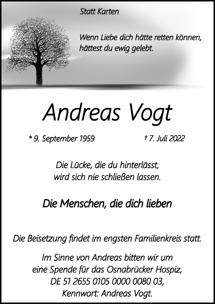  Traueranzeige für Andreas Vogt vom 09.07.2022 aus Neue Osnabrücker Zeitung GmbH & Co. KG