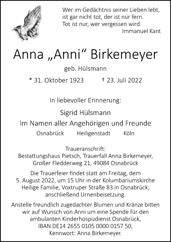 Traueranzeige von Anna Birkemeyer von Neue Osnabrücker Zeitung GmbH & Co. KG