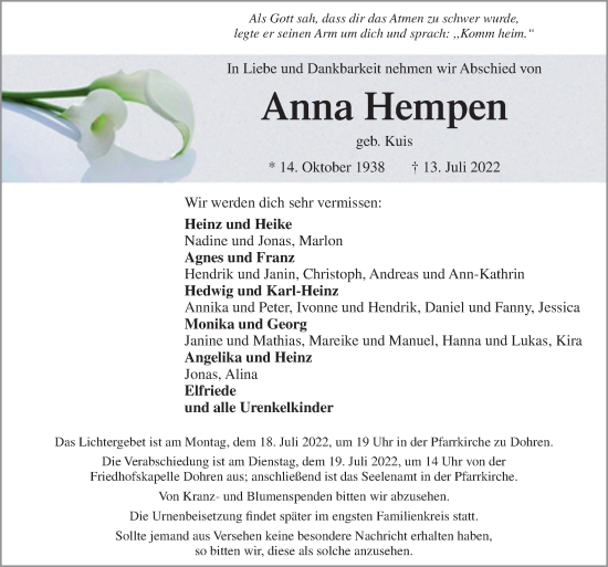 Traueranzeige von Anna Hempen von Neue Osnabrücker Zeitung GmbH & Co. KG