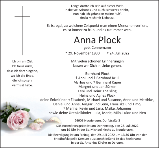 Traueranzeige von Anna Plock von Neue Osnabrücker Zeitung GmbH & Co. KG