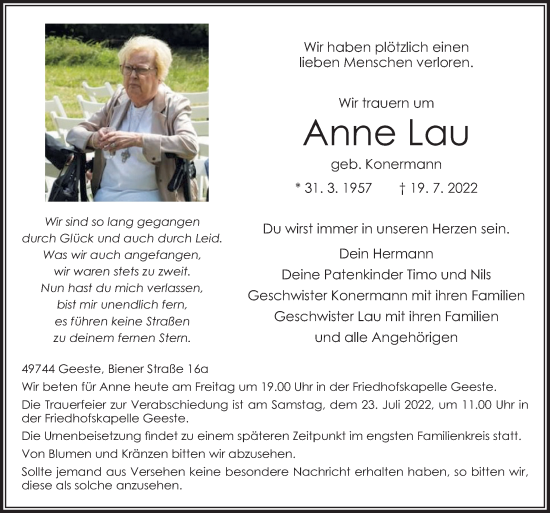 Traueranzeige von Anne Lau von Neue Osnabrücker Zeitung GmbH & Co. KG