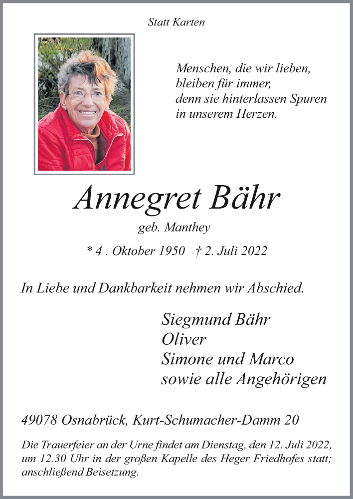  Traueranzeige für Annegret Bähr vom 09.07.2022 aus Neue Osnabrücker Zeitung GmbH & Co. KG