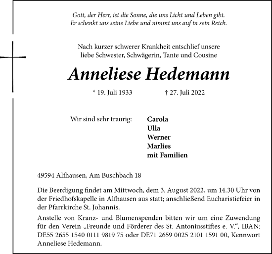 Traueranzeige von Anneliese Hedemann von Neue Osnabrücker Zeitung GmbH & Co. KG