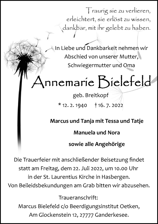 Traueranzeige von Annemarie Bielefeld von DK Medien GmbH & Co. KG