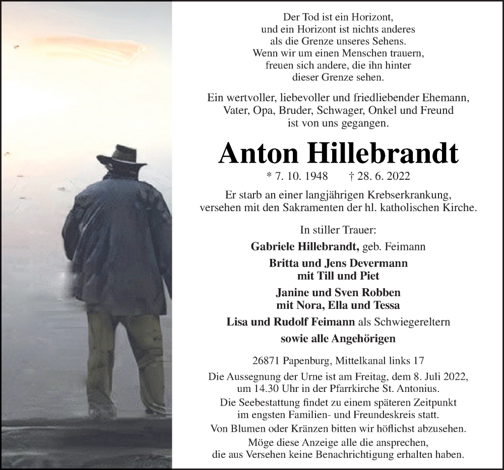  Traueranzeige für Anton Hillebrandt vom 02.07.2022 aus Neue Osnabrücker Zeitung GmbH & Co. KG